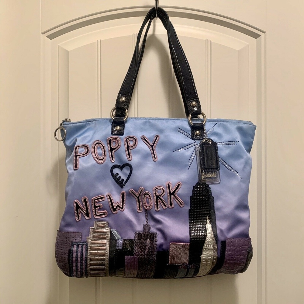 Coach Poppy NYC Destination Ombre Blue Satin Leather Skyline Glam Tote Bag 15888